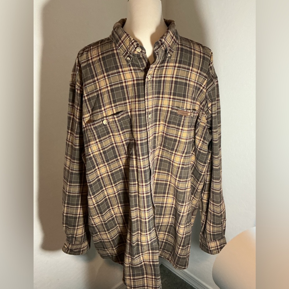 Carhartt Men’s 2 XL Plaid Full Button Down Flannel Shirt 100% Cotton Brown Tan